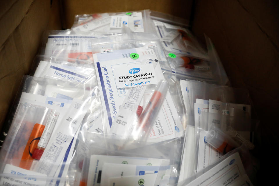 Trial kits for Pfizer coronavirus disease (COVID-19) vaccination study are seen at the Research Centers of America, in Hollywood, Florida, U.S., September 24, 2020. REUTERS/Marco Bello