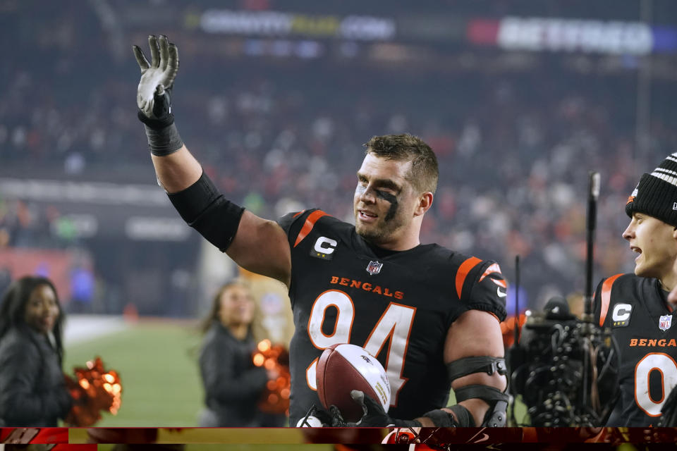 Cincinnati Bengals defensive end Sam Hubbard celebrates following an NFL wild-card playoff football game against the Baltimore Ravens in Cincinnati, Sunday, Jan. 15, 2023. The Bengals won 24-17. (AP Photo/Darron Cummings)