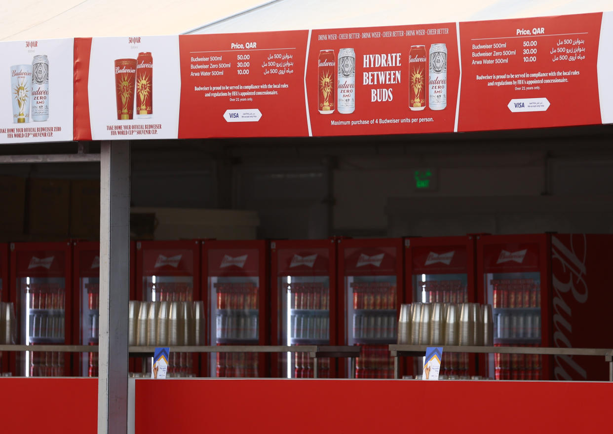 DOHA, QATAR - NOVEMBER 19:  A Budweiser beer stand can be seen ahead ofthe celebration party ahead of the FIFA World Cup 2022 Qatar Fan Festival at Al Bidda Park on November 19, 2022 in Doha, Qatar. (Photo by Francois Nel/Getty Images)