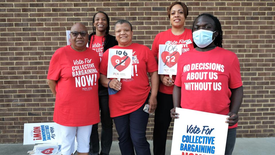 Union members of the Petersburg Education Association from left to right: Frida Curtis (retired teacher), Bianca Lampley (middle school history teacher), Evette Wilson (retired teacher), Demi Williams (elementary teacher), and Vannay Kirkland (middle school history teacher).