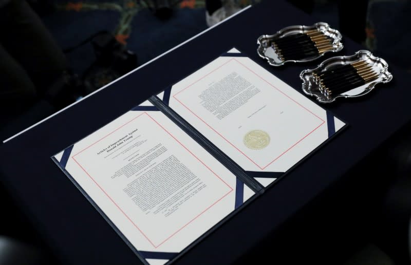 Articles of impeachment of President Trump await U.S. House Speaker Pelosi's signature before engrossment ceremony at the U.S. Capitol in Washington