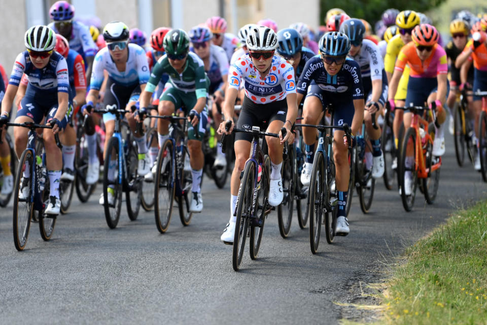 MONTIGNACLASCAUX FRANCE  JULY 25 Yara Kastelijn of The Netherlands and Team FenixDeceuninck  Polka Dot Mountain Jersey competes during the 2nd Tour de France Femmes 2023 Stage 3 a 1472km stage from CollongeslaRouge to MontignacLascaux  UCIWWT  on July 25 2023 in MontignacLascaux France Photo by Alex BroadwayGetty Images