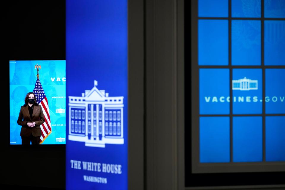 Displayed on a monitor, Vice President Kamala Harris waits to speak about COVID-19 vaccine equity in the South Court Auditorium at the White House complex on Nov. 22, 2021, in Washington, D.C. The White House had announced a $1.5 billion initiative aimed at shoring up healthcare access in rural and underserved areas.