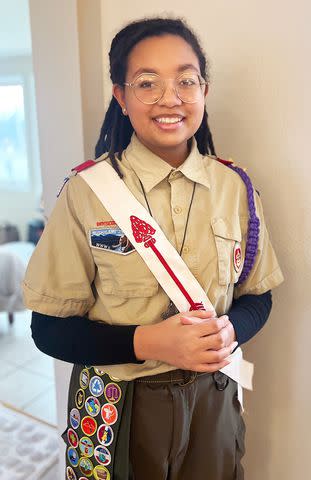 <p>Lee Moyer</p> Phoenix Moyer in her scout uniform.