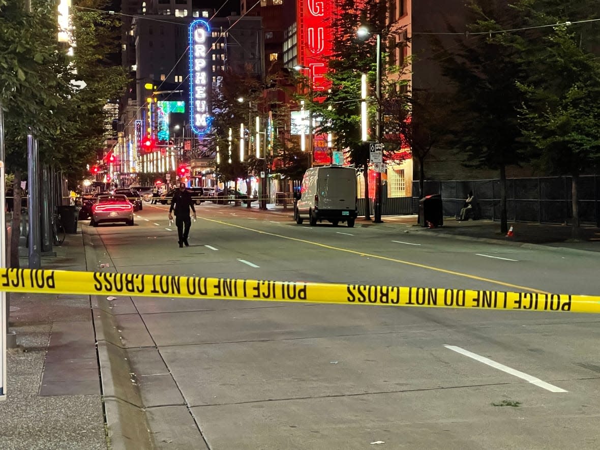 The busy Granville Street entertainment district was closed down on Saturday night as police responded to what they say is a machete attack that injured four people. (Susana da Silva/CBC - image credit)