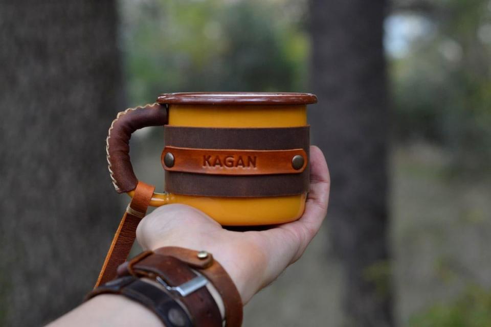 The Best Stocking Stuffer Option Personalized Leather and Enamel Camping Mug