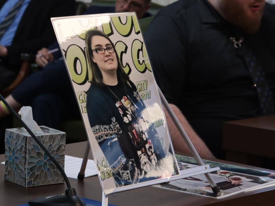 A photo of Kayla Sedoskey is displayed while her mother, younger sister and the father of her young son gave victim impact statements Thursday in the 38th Circuit Court in Monroe during the sentencings of four of the six people involved in murdering Sedoskey in 2023.