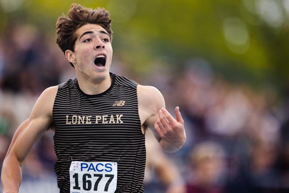 Lone Peak’s Ethan Valleta reacts after finishing the boys 400-meter during the BYU Track Invitational at the Clarence F. Robison Outdoor Track & Field in Provo on May 6, 2023. | Ryan Sun, Deseret News