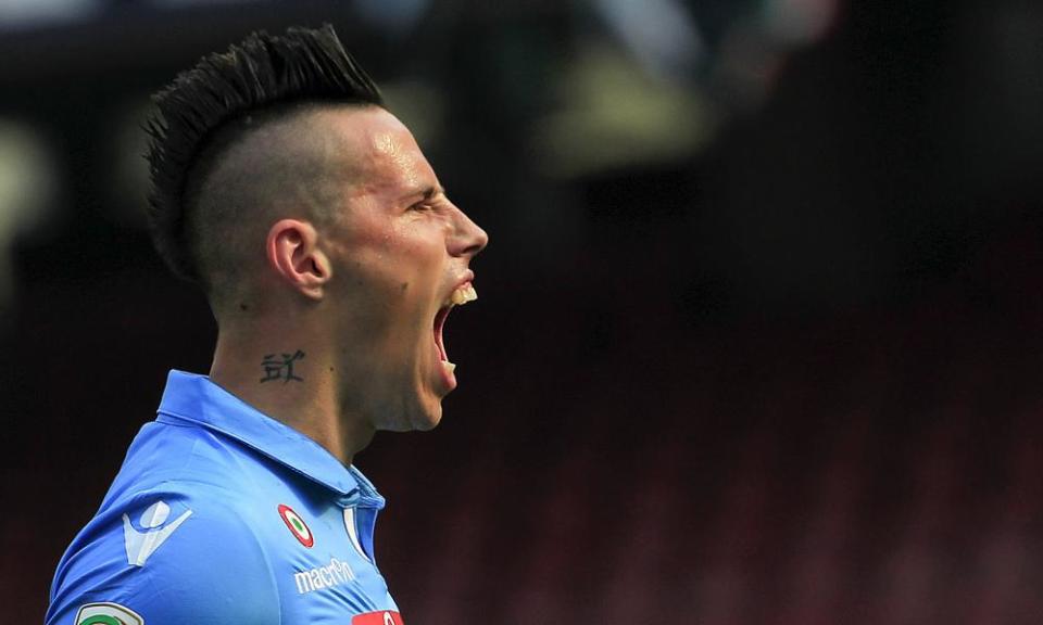 Marek Hamsik celebrates after scoring for Napoli against Fiorentina in April 2015