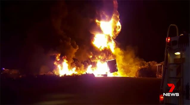 Incredible footage shows 40 metre high flames that engulfed the truck and that lit up the night sky. Pictures: 7 News