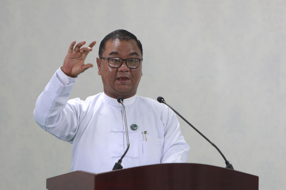 FILE - Gen. Zaw Min Tun, spokesman and deputy information minister, speaks during a media tour fo the sitting Maravijaya Buddha statue, Friday, July 21, 2023 in Naypyitaw, Myanmar. Maj. Gen. Zaw Min Tun, the spokesperson for the ruling military council, was quoted Tuesday, Dec. 5, 2023, in state media as saying that about 1,000 soldiers who deserted or went absent without leave or had retired had gone through the process of requesting the military for their return to service. Myanmar’s military government has been freeing soldiers and police who had been jailed for desertion and absence without leave, seeking to get them to return to active duty, a police officer and an army officer said Thursday, Dec. 7, 2023. (AP Photo/Aung Shine Oo, File)