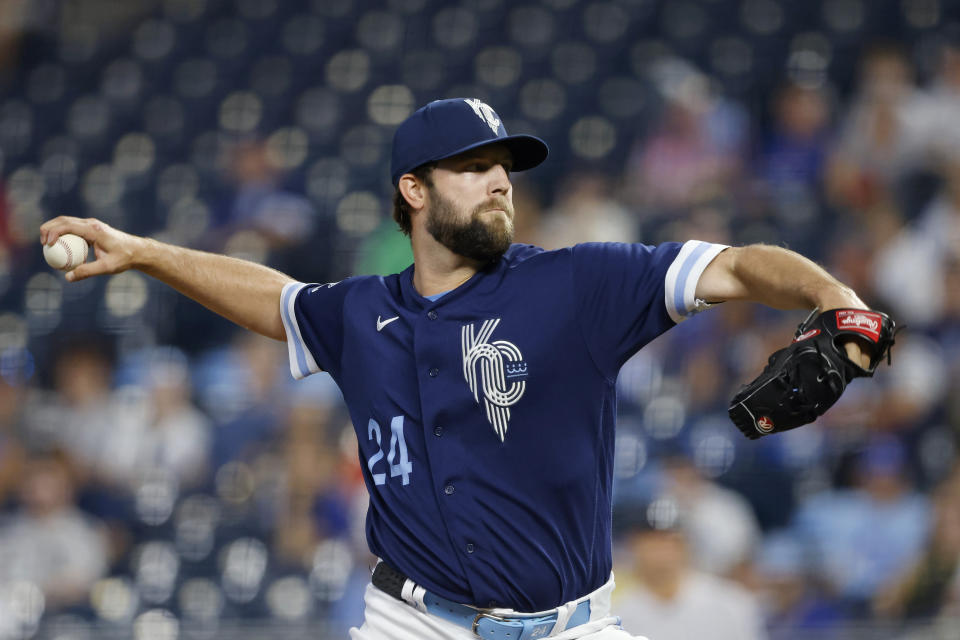 Kansas City Royals pitcher Jordan Lyles delivers to a New York Yankees batter during the first inning of a baseball game in Kansas City, Mo., Friday, Sept. 29, 2023. (AP Photo/Colin E. Braley)