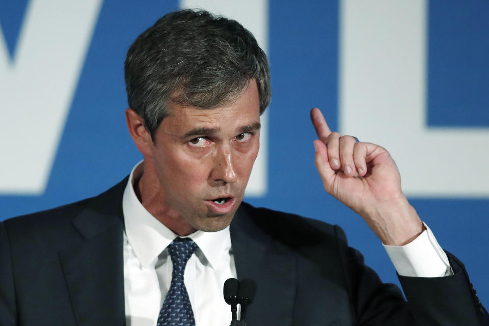 FILE - In this June 6, 2019 file photo, Democratic presidential candidate Beto O'Rourke speaks during the I Will Vote Fundraising Gala in Atlanta. Democratic presidential candidate Beto O’Rourke’s father-in-law, William Sanders, is worth at least $500 million and has helped make the former Texas congressman and his wife millionaires. He donated to O’Rourke’s bids for El Paso City Council, Congress, Senate and president. O’Rourke’s campaign says Sanders plays absolutely no role. Still, O’Rourke, who is known as a champion of little-guy values, might never have made it on the national stage without the help of the intensely private tycoon. (AP Photo/John Bazemore)