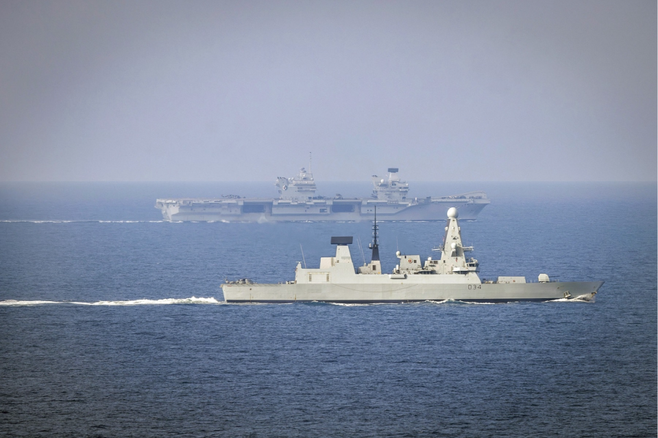 The UK Royal Navy Type 45 destroyer HMS Diamond is pictured here sailing with the HMS Queen Elizabeth carrier strike group, in the North Sea in September 2023 (Crown copyright / UK Ministry of Defence 2023)