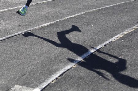 A sportsman casts a shadow on a race track while training at a local stadium in the southern city of Stavropol, Russia, November 10, 2015. REUTERS/Eduard Korniyenko