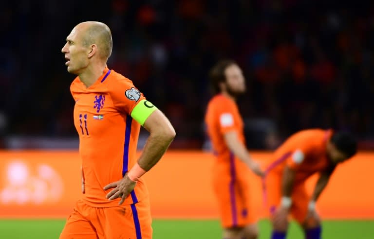 The Netherlands' Arjen Robben reacts during their FIFA 2018 World Cup qualifier match against Sweden, at the Amsterdam Arena, on October 10, 2017