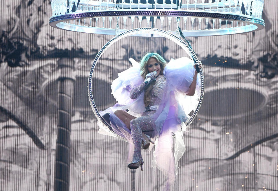 LAS VEGAS, NEVADA - JUNE 15:  Jennifer Lopez performs during a stop of her It's My Party tour at T-Mobile Arena on June 15, 2019 in Las Vegas, Nevada.  (Photo by Ethan Miller/Getty Images for ABA)