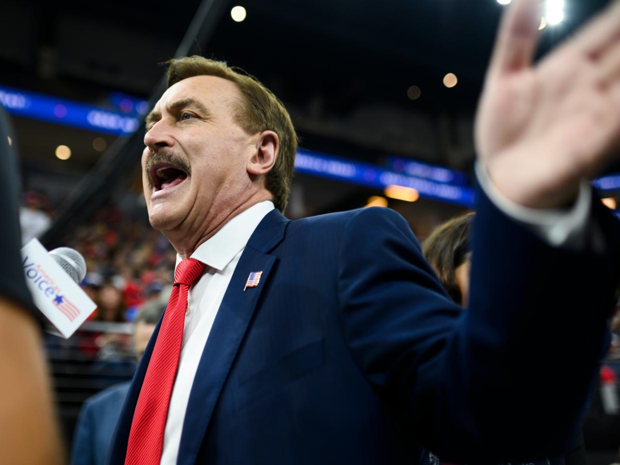 Mike Lindell, CEO of My Pillow, is interviewed before a campaign rally held by U.S. President Donald Trump at the Target Center on October 10, 2019 in Minneapolis, Minnesota. (Getty Images)