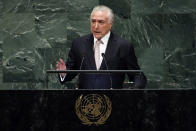 Brazil's President Michel Temer addresses the 73rd session of the United Nations General Assembly, at U.N. headquarters, Tuesday, Sept. 25, 2018. (AP Photo/Richard Drew)