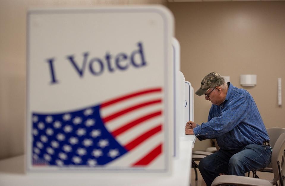 Cledis Ward votes in the primary election at Pearl City Hall, the District 3 precinct, in Pearl, Miss., on Tuesday, Mar. 12, 2024. The precinct had 41 votes in by 9:35 a.m. "Very slow for us," Poll Manager Bonnie Morris said of the number.