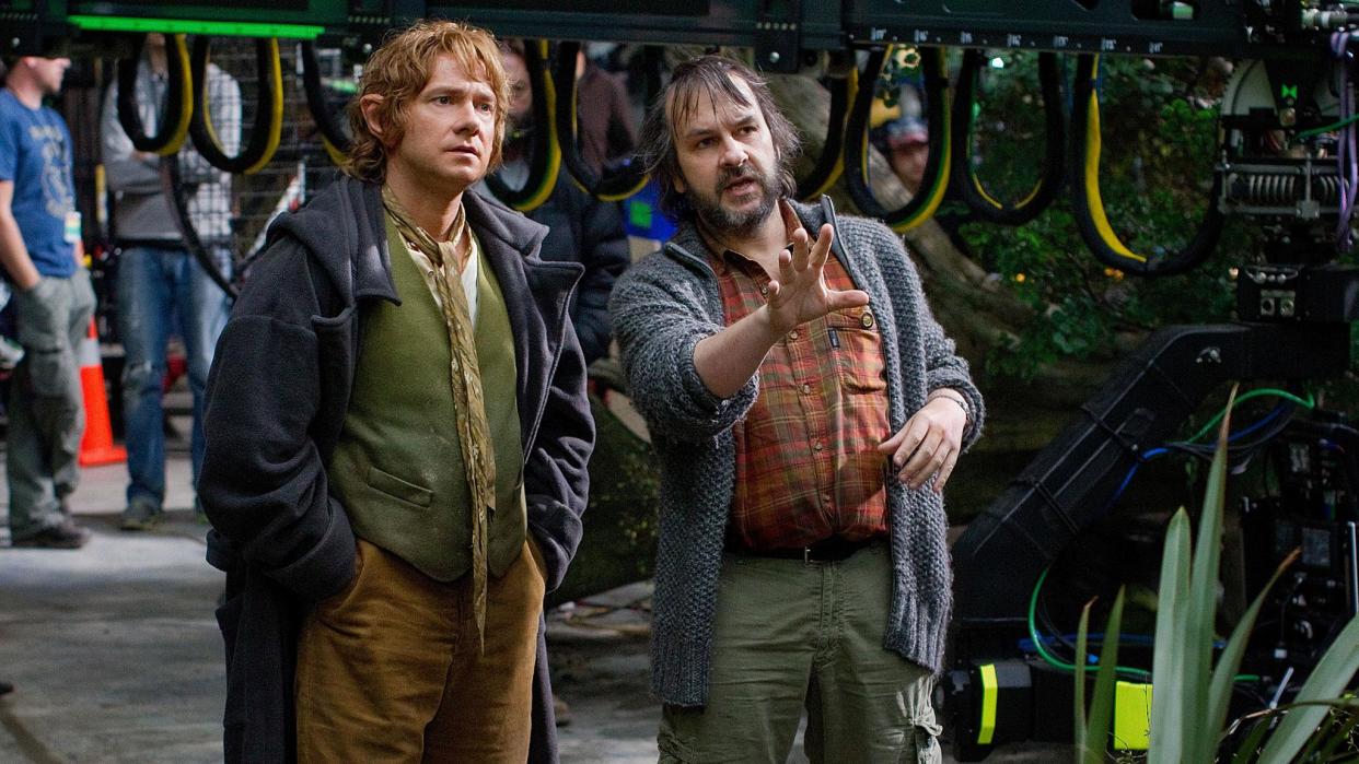 Martin Freeman and director Peter Jackson on the set of 'The Hobbit: An Unexpected Journey' (Warner Bros. Pictures)