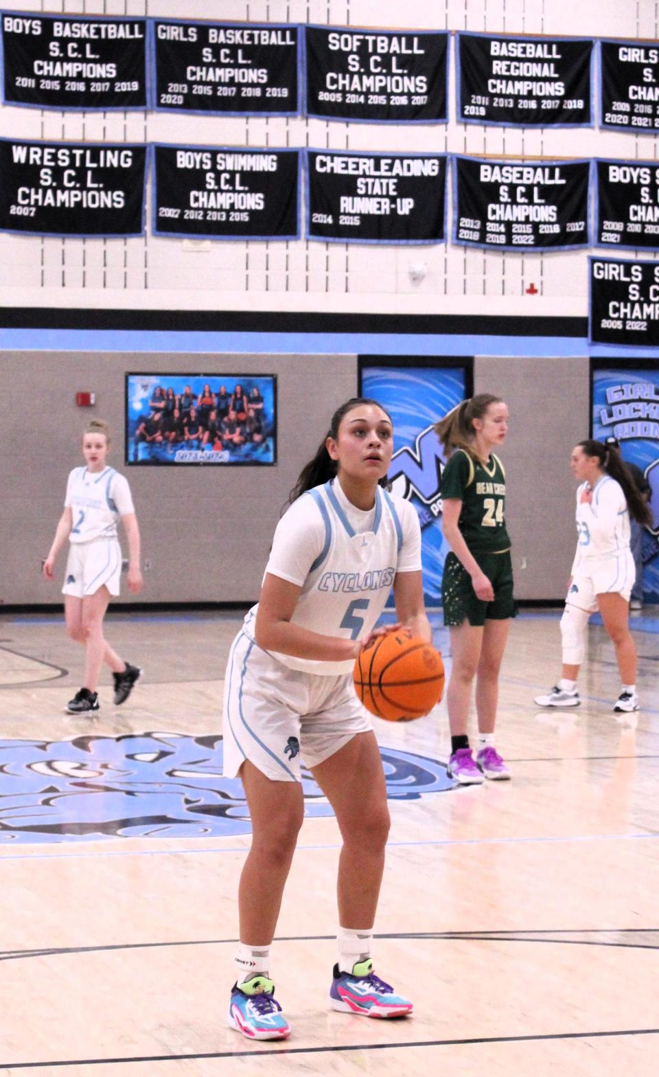 Pueblo West's Jamie Suazo lines up a free throw shot against Bear Creek during their Class 5A girls basketball playoff matchup at Pueblo West High School on Tuesday, February 20, 2024.