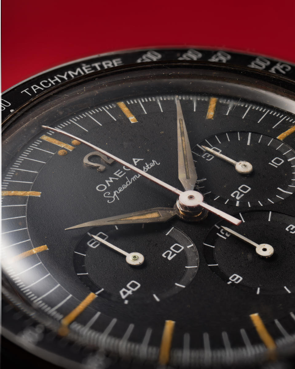 Detail shot of Omega's CK2998 Speedmaster worn by astronaut Wally Schirra aboard the Sigma 7 Mercury mission.