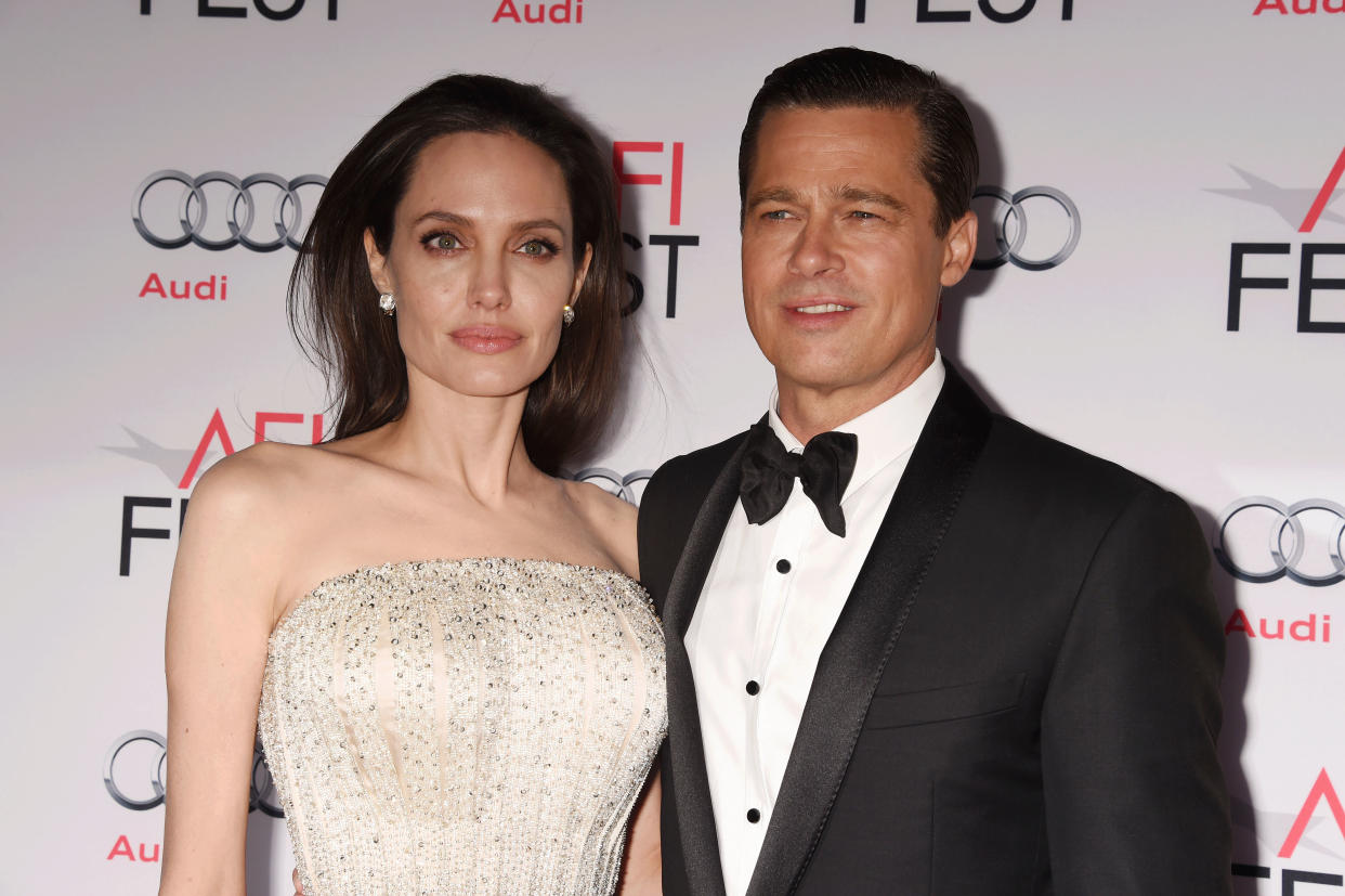 HOLLYWOOD, CA - NOVEMBER 05:  Writer-director-producer-actress Angelina Jolie Pitt (L) and actor-producer Brad Pitt arrive at the AFI FEST 2015 presented by Audi Opening Night Gala Premiere of Universal Pictures' 'By The Sea' at TCL Chinese 6 Theatres on November 5, 2015 in Hollywood, California.(Photo by Jeffrey Mayer/WireImage)