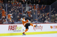 Philadelphia Flyers' Robert Hagg celebrates after scoring during the first period of the team's NHL hockey game against the Washington Capitals, Wednesday, Jan. 8, 2020, in Philadelphia. (AP Photo/Matt Slocum)