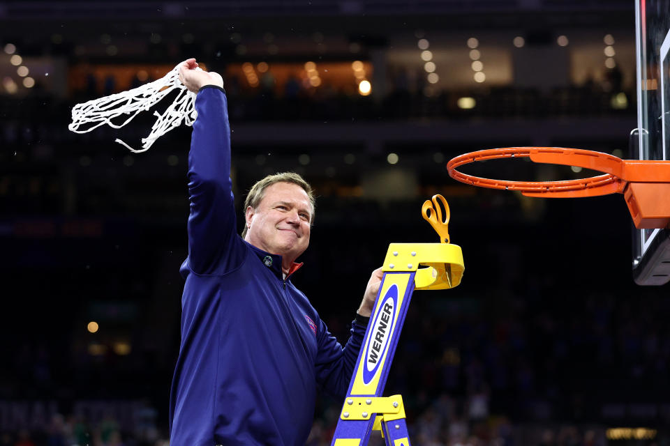 NEW ORLEANS, LOUISIANA - APRIL 04: Head coach Bill Self of the Kansas Jayhawks cuts down the net after defeating the North Carolina Tar Heels 72-69 during the 2022 NCAA Men's Basketball Tournament National Championship at Caesars Superdome on April 04, 2022 in New Orleans, Louisiana. (Photo by Tom Pennington/Getty Images)