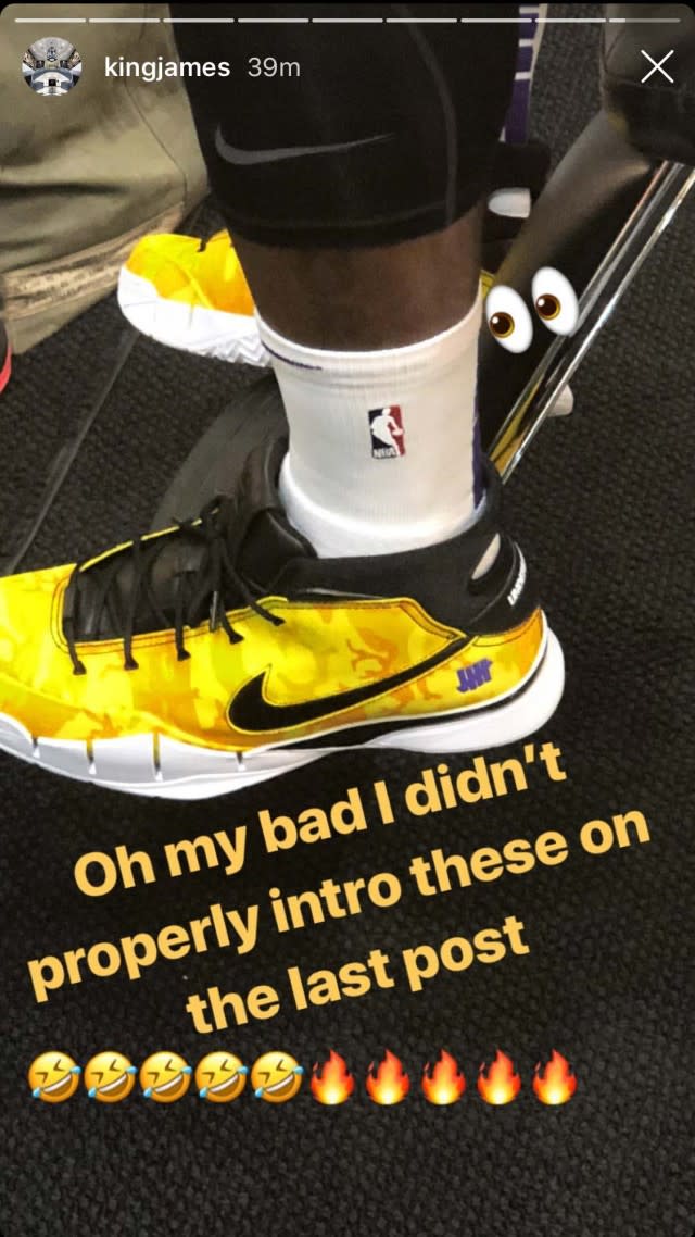 The NBA superstar took to his Instagram Story on Wednesday rocking gold and purple -- and an interesting pair of Nikes.