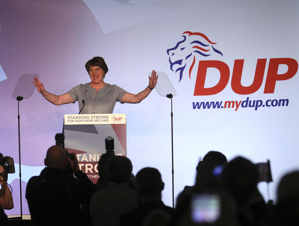 Democratic Unionist Party leader Arlene Foster speaks to delegates at the party annual conference in Belfast, Northern Ireland, Saturday, Oct. 26, 2019. (AP Photo/Peter Morrison)