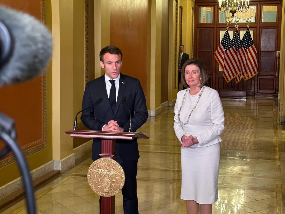 French President Emmanuel Macron and House Speaker Nancy Pelosi at the Capitol on December 1, 2022.