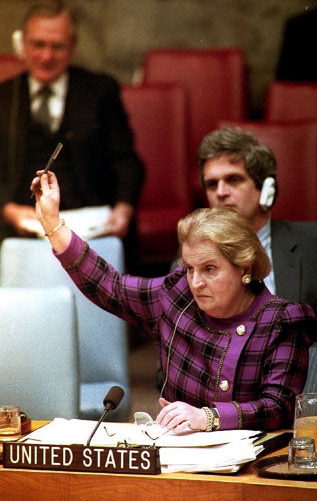 U.S. Ambassador to the United Nations Madeleine Albright votes Feb. 22, 1993, in the Security Council meeting to create an international war crimes tribunal for Yugoslavia.