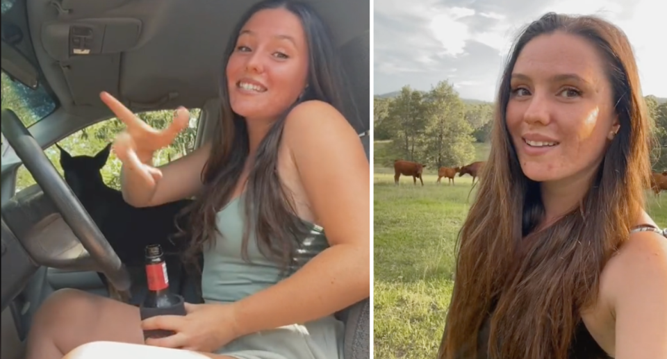 Left image is of Maddy holding what appears to be a drink while in the car. Right image is a picture of Maddy's face.