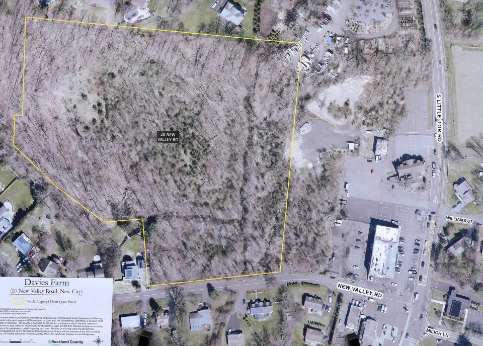 A map of 20 New Valley Road (Davies Farm) in New City. Rockland County Executive Ed Day announced that the county has purchased two properties which will be preserved under the county's Open Space Acquisition Program. The two properties are at 20 New Valley Road (Davies Farm) in New City and 1015 & 1019 Route 45 in Pomona. 