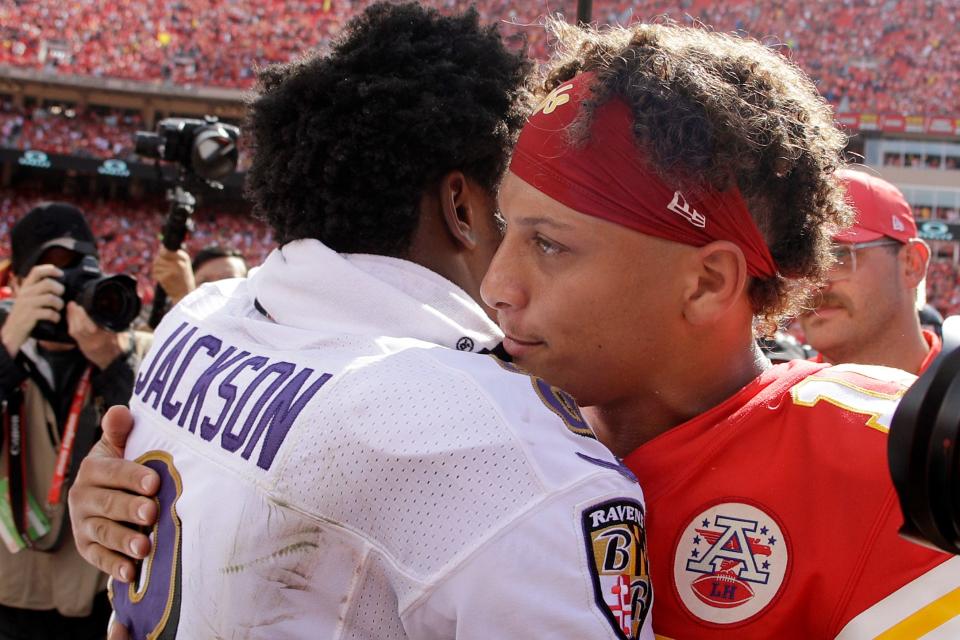 Kansas City Chiefs quarterback Patrick Mahomes, right, and Baltimore Ravens quarterback Lamar Jackson (8) greet each other after their NFL football game Sunday, Sept. 22, 2019, in Kansas City, Mo.