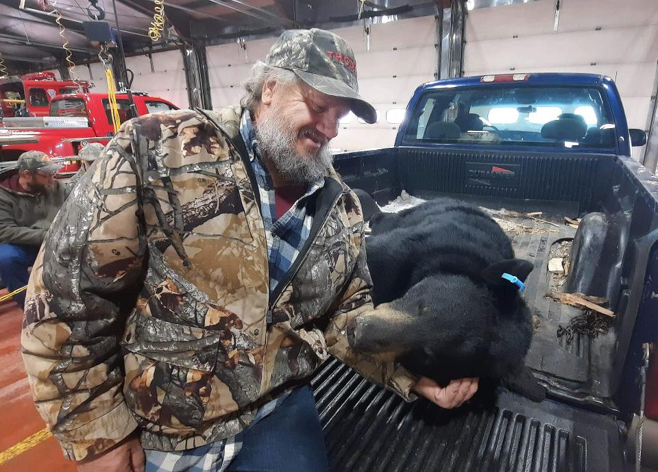 Fredrick Smith, 57, of Somerset County looks at his black bear Sunday morning at the check station in New Centerville. It's the second bear he's harvested in his life.