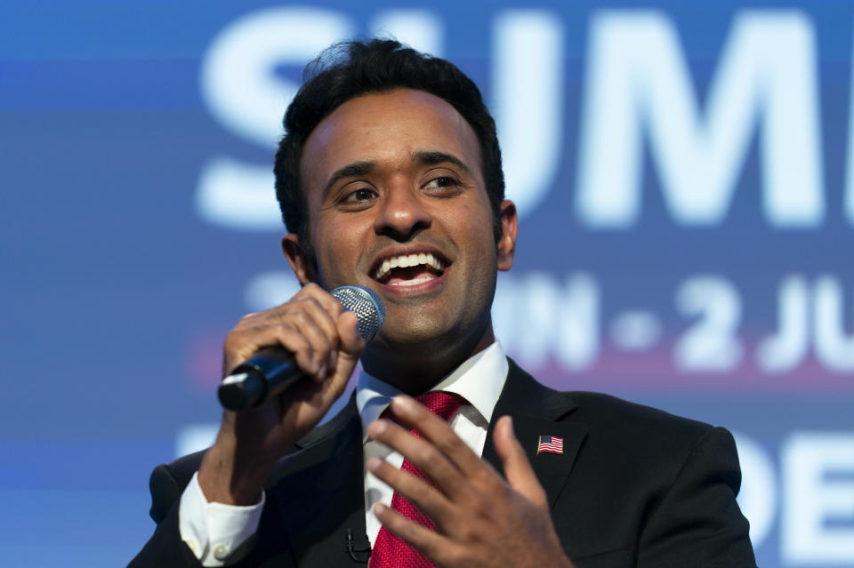 Republican presidential candidate and businessman Vivek Ramaswamy speaks at the Moms for Liberty meeting in Philadelphia, Saturday, July 1, 2023. (AP Photo/Matt Rourke)