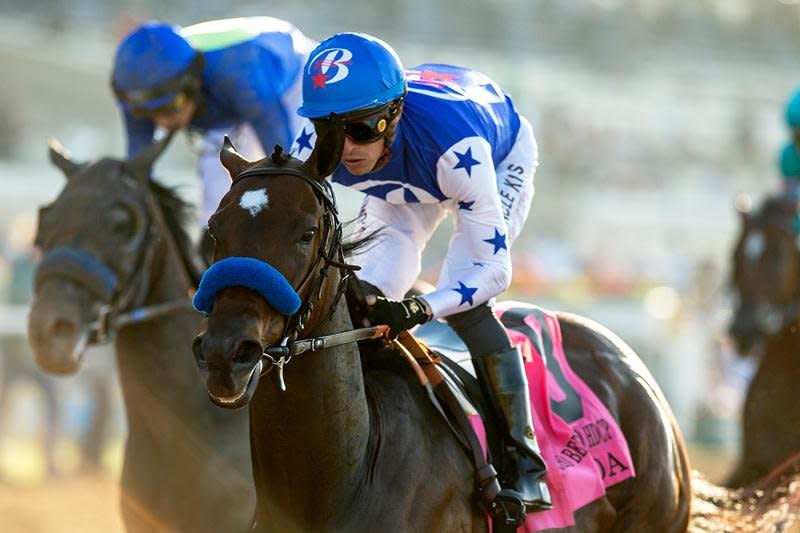 Eda, shown winning the Rancho Bernardo Handicap at Del Mar, is a heavy favorite in Friday's Chillingworth Stakes on Santa Anita's opening day. Benoit Photography, courtesy of Del Mar Turf Club