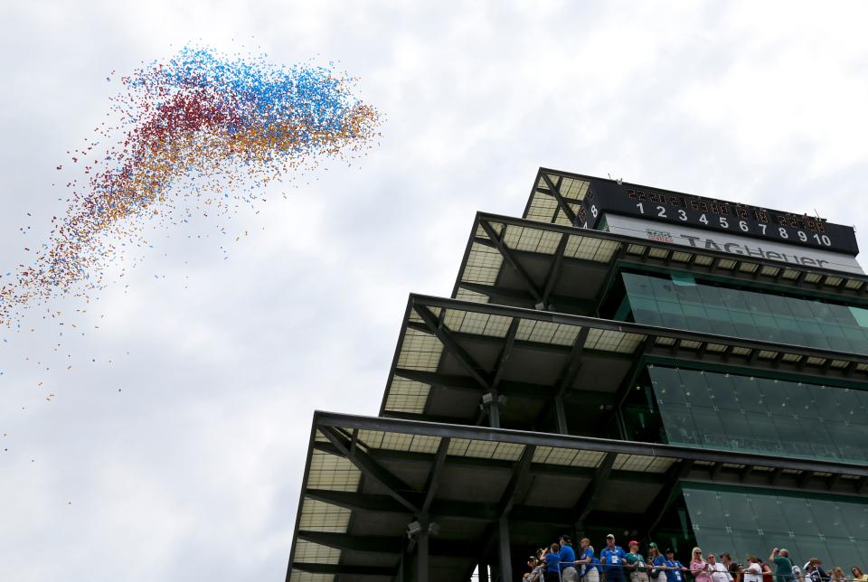 The balloon release flies over the Pagoda before the103rd Indianapolis 500 at  Indianapolis Motor Speedway on May 26, 2019.