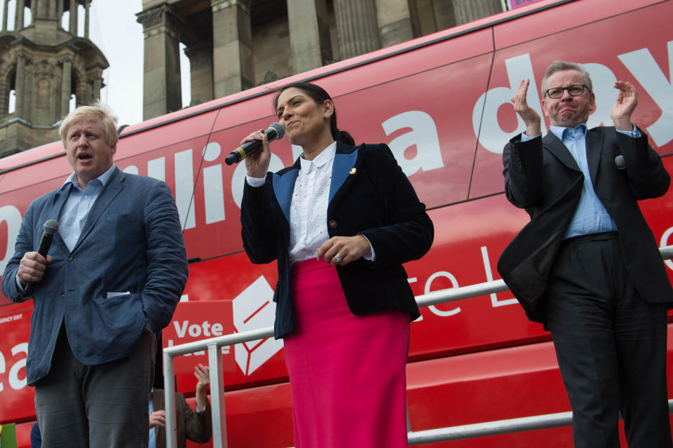 Priti Patel speaks at a rally with Boris Johnson and Michael Gove (right) in Preston town centre, Lancashire, as part of the Vote Leave EU referendum campaign.