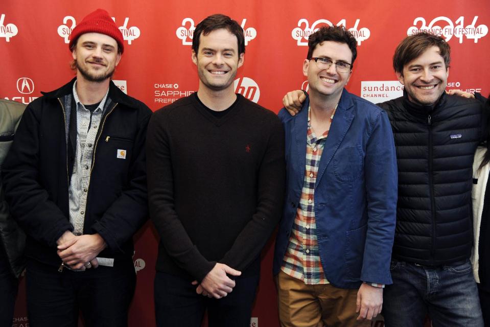 Craig Johnson, second from right, director and co-writer of "The Skeleton Twins," poses with, from left, cast members Boyd Holbrook and Bill Hader and executive producer Mark Duplass at the premiere of the film at the 2014 Sundance Film Festival on Saturday, Jan. 18, 2014, in Park City, Utah. (Photo by Chris Pizzello/Invision/AP)