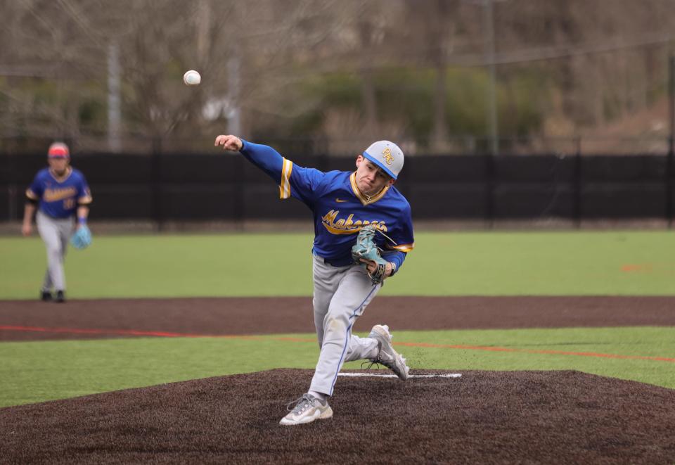 Mahopac's Tyler Castrataro pitches in a Mahopac vs Fox Lane baseball game in Bedford, NY on April 6, 2024.