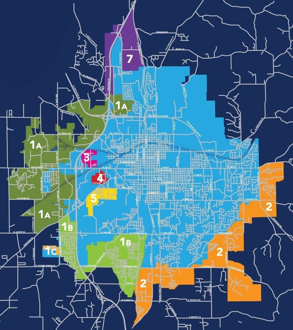 Bloomington's current incorporated area is in light blue. Areas targeted for annexation surround it. Area 7 was dropped from the annexation plan last year.