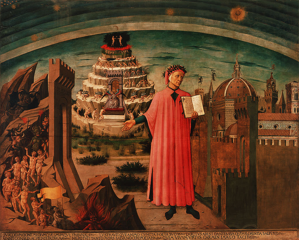 Dante sostiene su obra "La Divina Comedia". A un lado se representa a Florencia y al otro una visión del infierno. Detrás de Dante las figuras humanas intentan realizar el difícil ascenso al cielo.