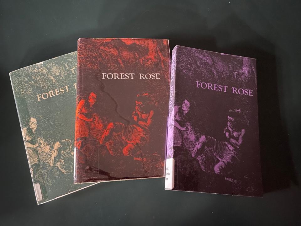 Shown here are copies of the historical novel Forest Rose written in 1848 by Emerson Bennett. They have been reprinted by Lancaster's Business and Professional Women's Club since 1959.