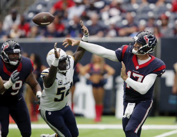 Brock Osweiler and the Texans are leading the AFC South, yet few are feeling comfortable with Houston's QB. (AP) 