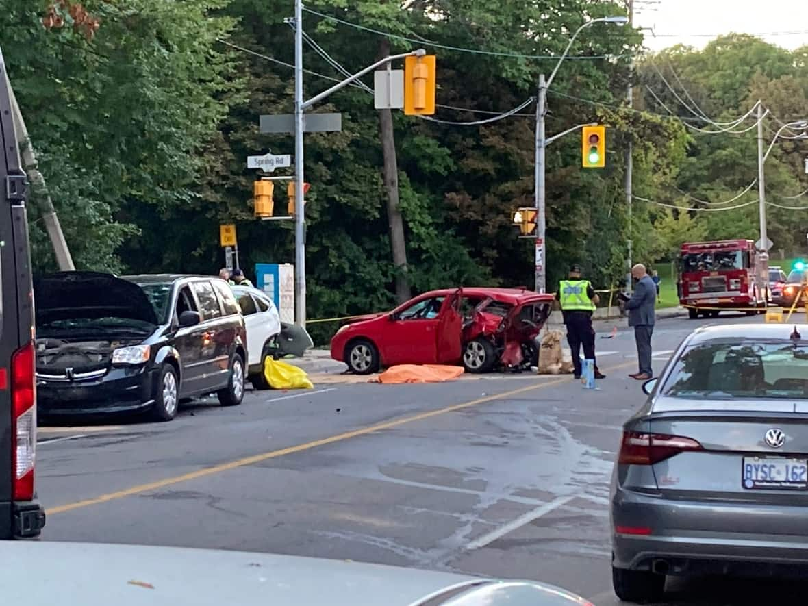 Toronto police are investigating a crash near High Park that left a man and a woman dead and three other people injured late Tuesday afternoon. (Yanjun Li/CBC - image credit)