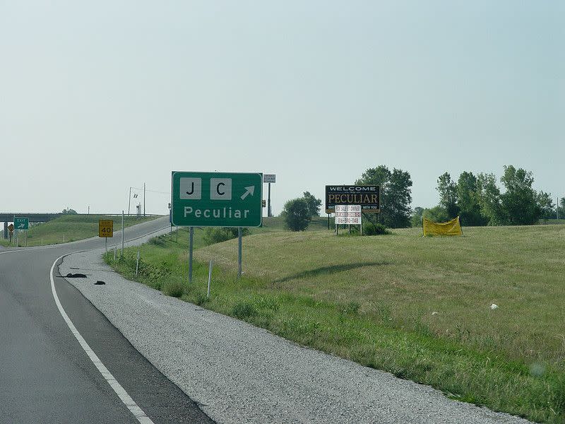 Peculiar Missouri. The obscured billboard reads "WELCOME to PECULIAR, where the odds are with you!" :-)